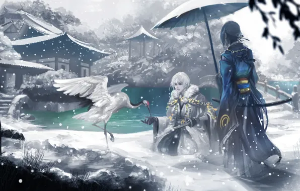 Картинка зима, снег, дома, арт, аист, мужчины, touken ranbu, tsurumaru kuninaga, mikazuki munechika