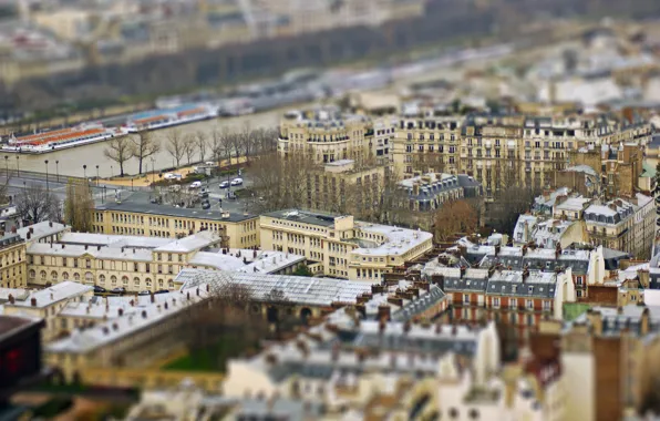 Картинка крыша, улица, Франция, Париж, автомобили, боке, река Сена, Quartier Gaillon