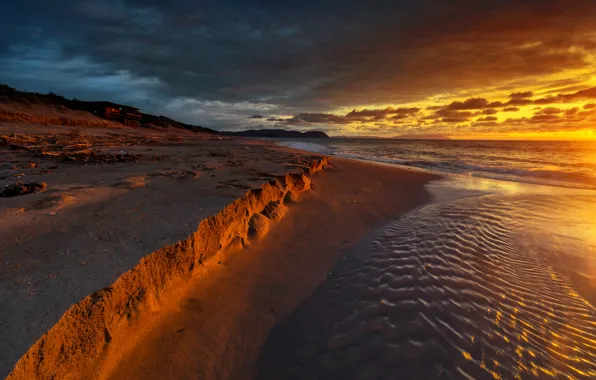 Картинка песок, море, небо, закат, тучи, побережье, зарево