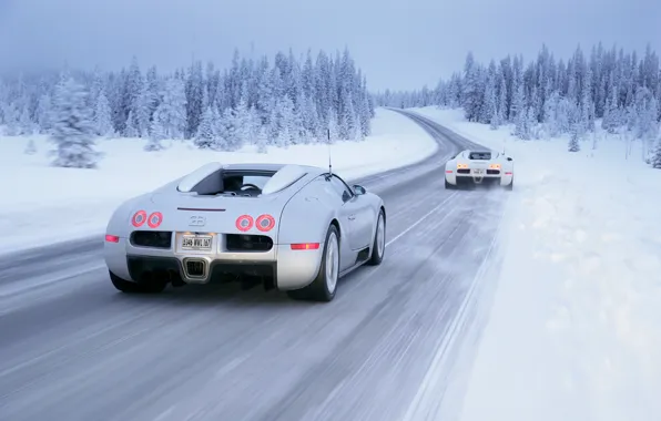 Картинка зима, снег, Bugatti, Veyron, Winter, White, Drive