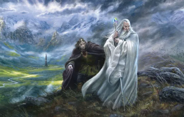 Картинка кристалл, облака, горы, камни, башня, долина, арт, посох, колдун, The Lord of the Rings, Grima …