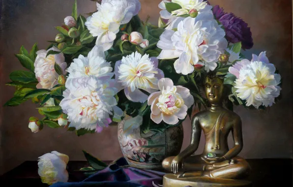Картинка цветы, букет, картина, лепестки, ваза, статуэтка, натюрморт, будда, пионы, Zbigniew Kopania