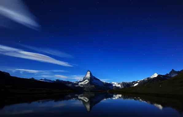 Картинка горы, ночь, швейцария, Matterhorn's Midnight Reflection