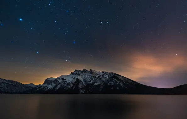 Картинка night, mountain, lake, stars, canada, alberta, banff