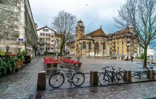 Картинка город, улица, здания, Швейцария, Switzerland, street, велосипеды, town, bicycles, old city