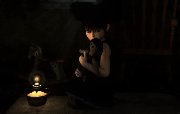 Картинка темнота, одиночество, свеча, угол, малышка, кукла вуду, злобный взгляд