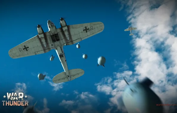 Картинка небо, облака, бомбардировщик, бомбы, немецкий, средний, Heinkel, War Thunder, He.111, сброшены