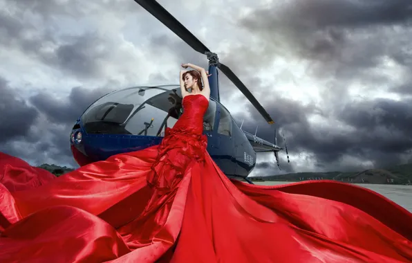 Картинка девушка, платье, вертолёт