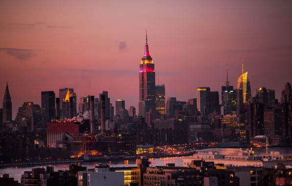 Картинка city, lights, USA, river, sunset, night, New York, Manhattan, NYC, evening, houses, Empire State Building, …