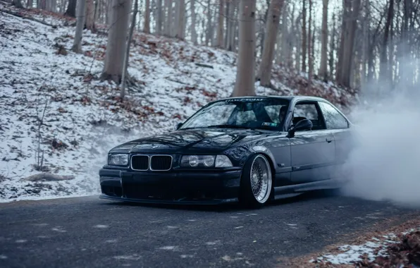 Картинка bmw, forest, black, smoke, tuning, burnout, bbs, germany, low, stance, e36