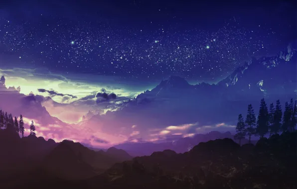 Картинка небо, звезды, облака, горы, ночь, арт, y-k