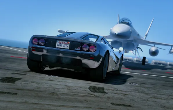 Картинка машина, океан, чёрный, McLaren, истребитель, сзади, суперкар, 1993, GTA 5