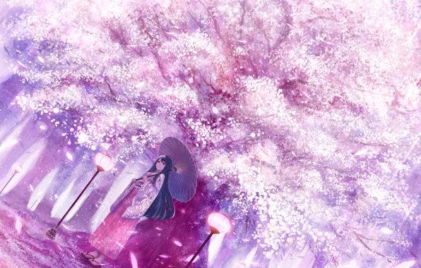 Картинка девушка, зонтик, арт, фонари, цветущая сакура, bounin