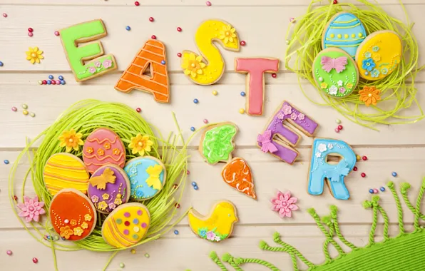 Картинка праздник, весна, colorful, печенье, пасха, sweet, глазурь, eggs, holiday, easter, cookies, decoration, letters, pastel