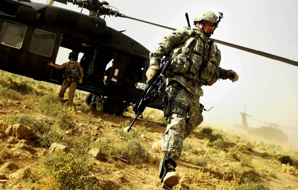 Картинка Оружие, оптический прицел, Helicopter, M4A1, солдат США