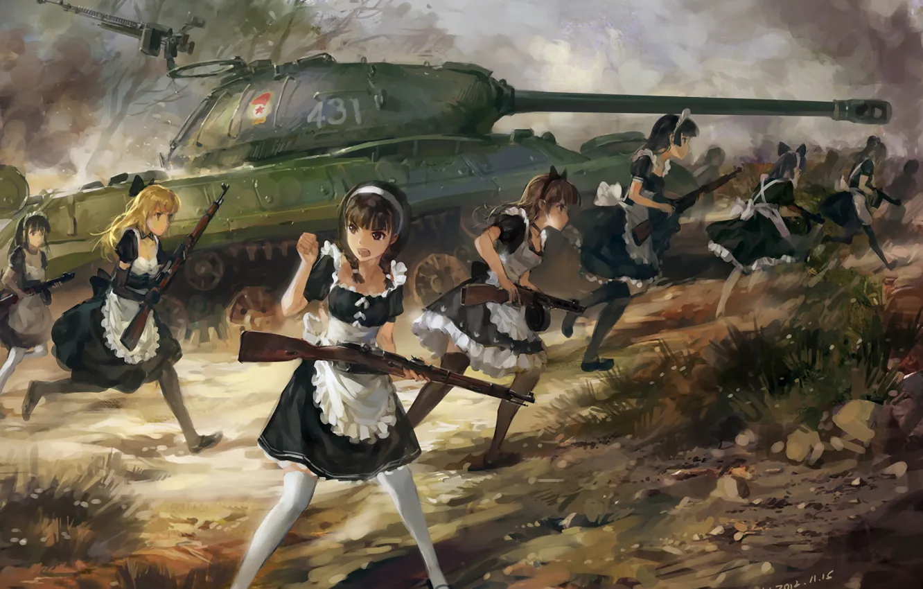 Фото обои оружие, девушки, аниме, арт, горничная, upscale, танк ИС-3, hjl, винтовка ППШ-41, карабин Мосина