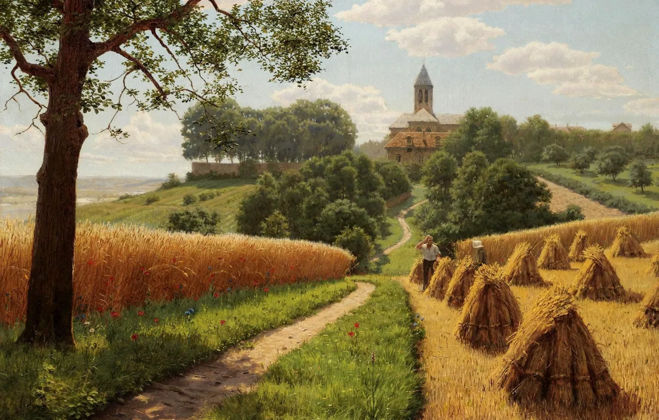 Фото обои пшеница, поле, небо, облака, свет, деревья, пейзаж, дома, картина, тропинка, Борис Бессонов, снопы