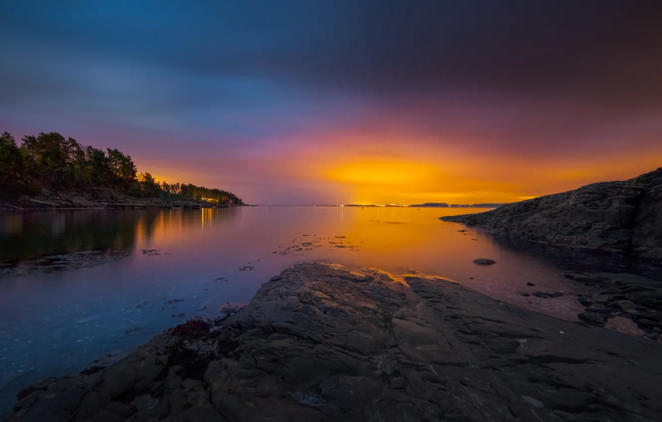 Фото обои закат, Норвегия, залив, архипелаг