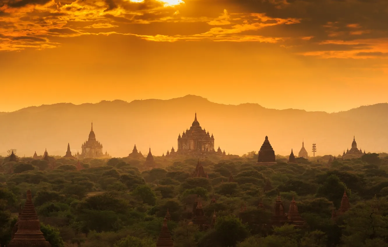 Фото обои лес, закат, храм, forest, архитектура, sunset, дворец, old, старый город, architecture, palace, Мьянма, Бирма, temple, …