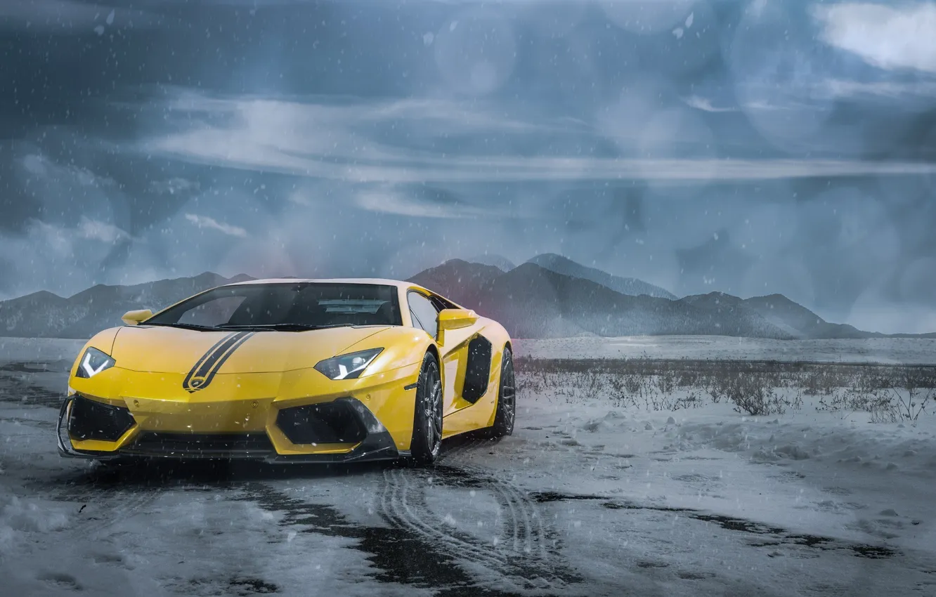 Фото обои Lamborghini, Clouds, Front, Snow, Yellow, LP700-4, Aventador, Supercars, Mountains, Wheels, ADV.1, Ligth