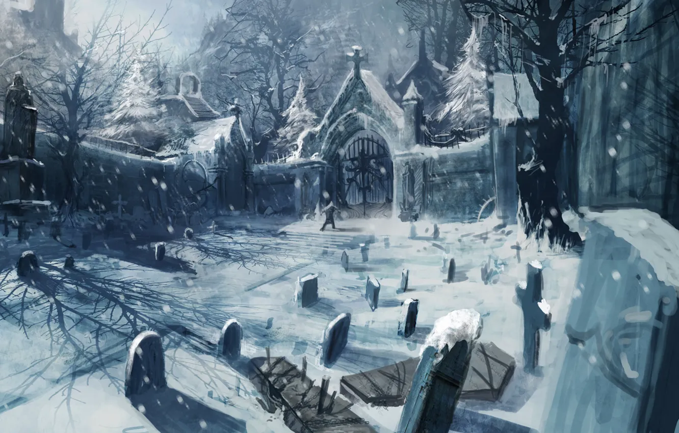 Фото обои зима, снег, кладбище, Арт