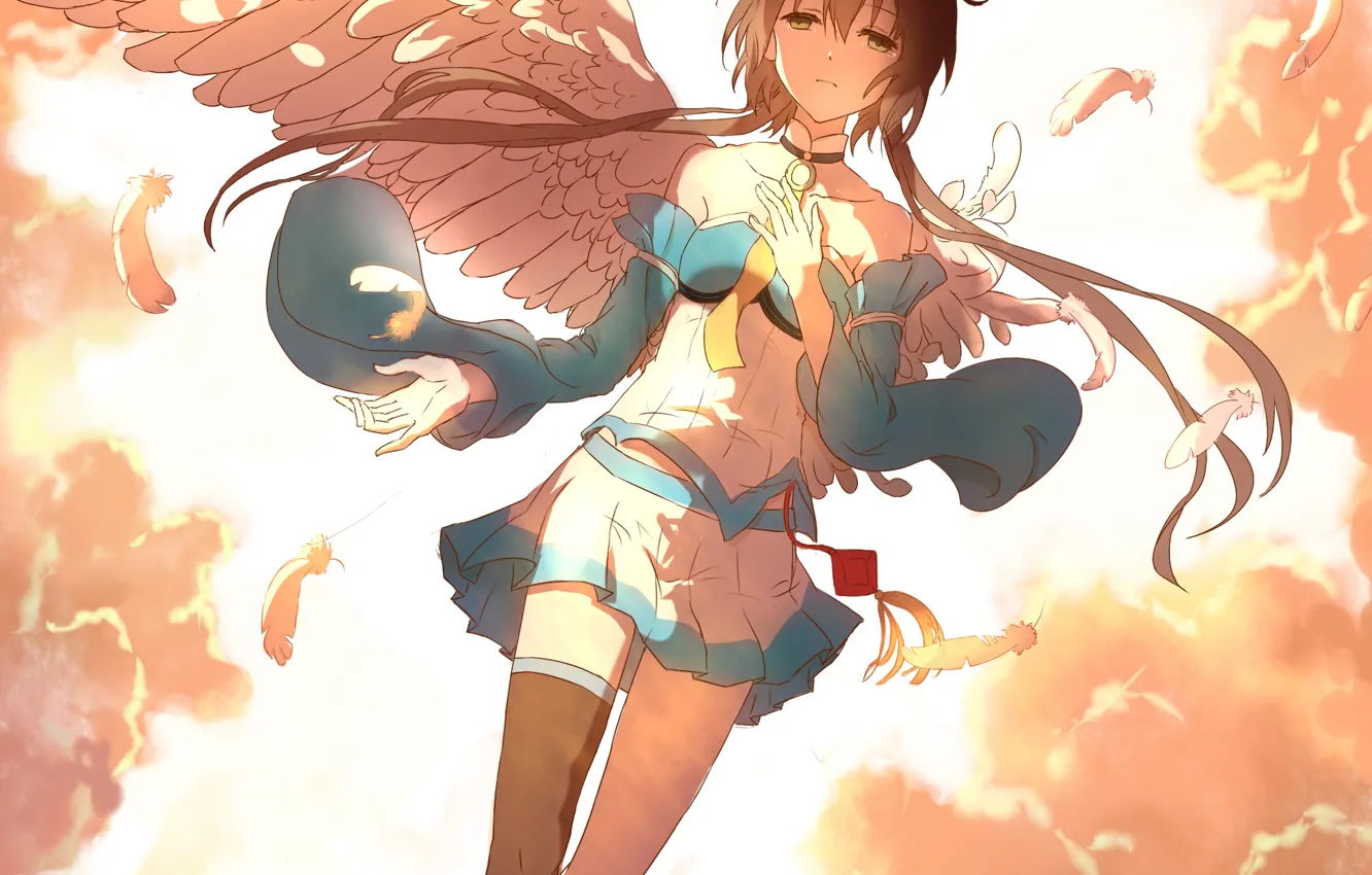 Фото обои небо, девушка, облака, крылья, аниме, перья, арт, vocaloid, luo tianyi, lan jue