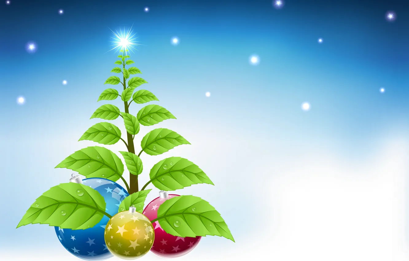 Фото обои листья, капли, снег, праздник, шары, графика, новый год, рождество, ёлка, christmas, new year