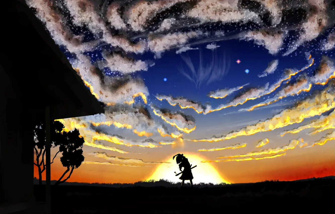 Фото обои небо, девушка, солнце, звезды, облака, закат, природа, дом, дерево, меч, аниме, арт, Touhou, Konpaku Youmu