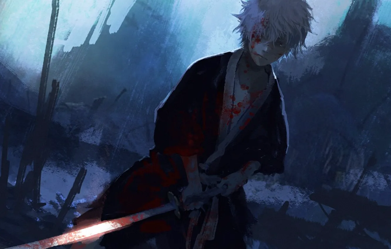 Фото обои меч, самурай, гинтама, гин-сан, серебрянные волосы