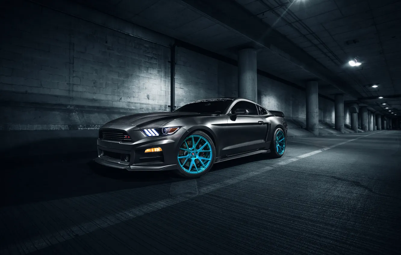 Фото обои Mustang, Ford, Blue, Front, Vossen, Wheels, Roush X