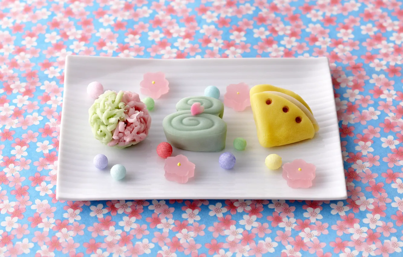 Фото обои шарики, фон, еда, конфеты, сладости, цветочный, мармелад