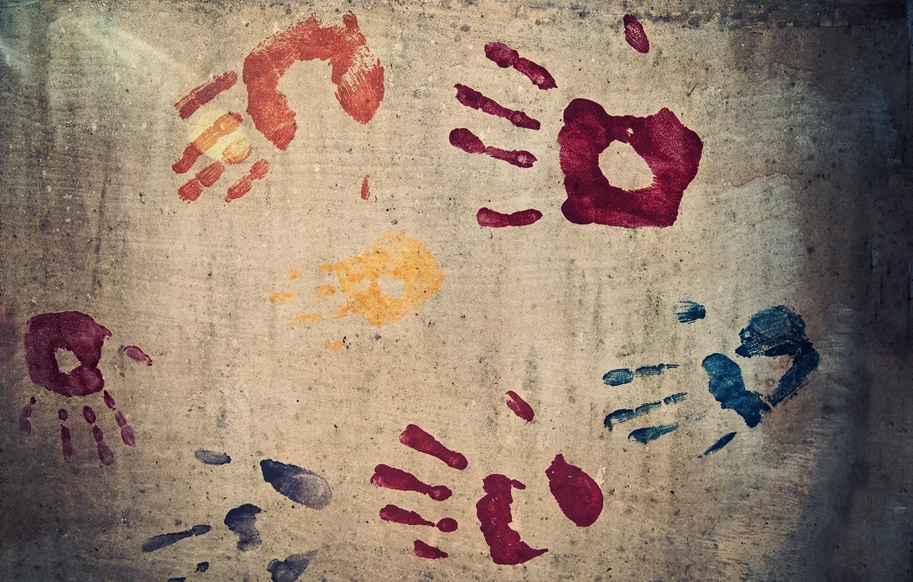 Фото обои стена, краска, рука, текстура, пальцы, отпечаток, отпечатки, colours
