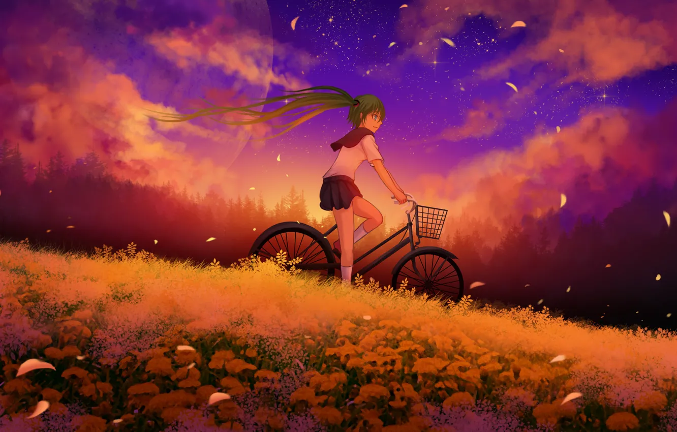 Фото обои небо, девушка, облака, закат, цветы, велосипед, луна, аниме, лепестки, арт, vocaloid, hatsune miku