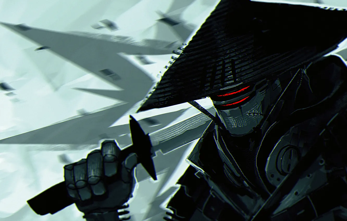 Фото обои робот, меч, катана, самурай, киборг, киберпанк