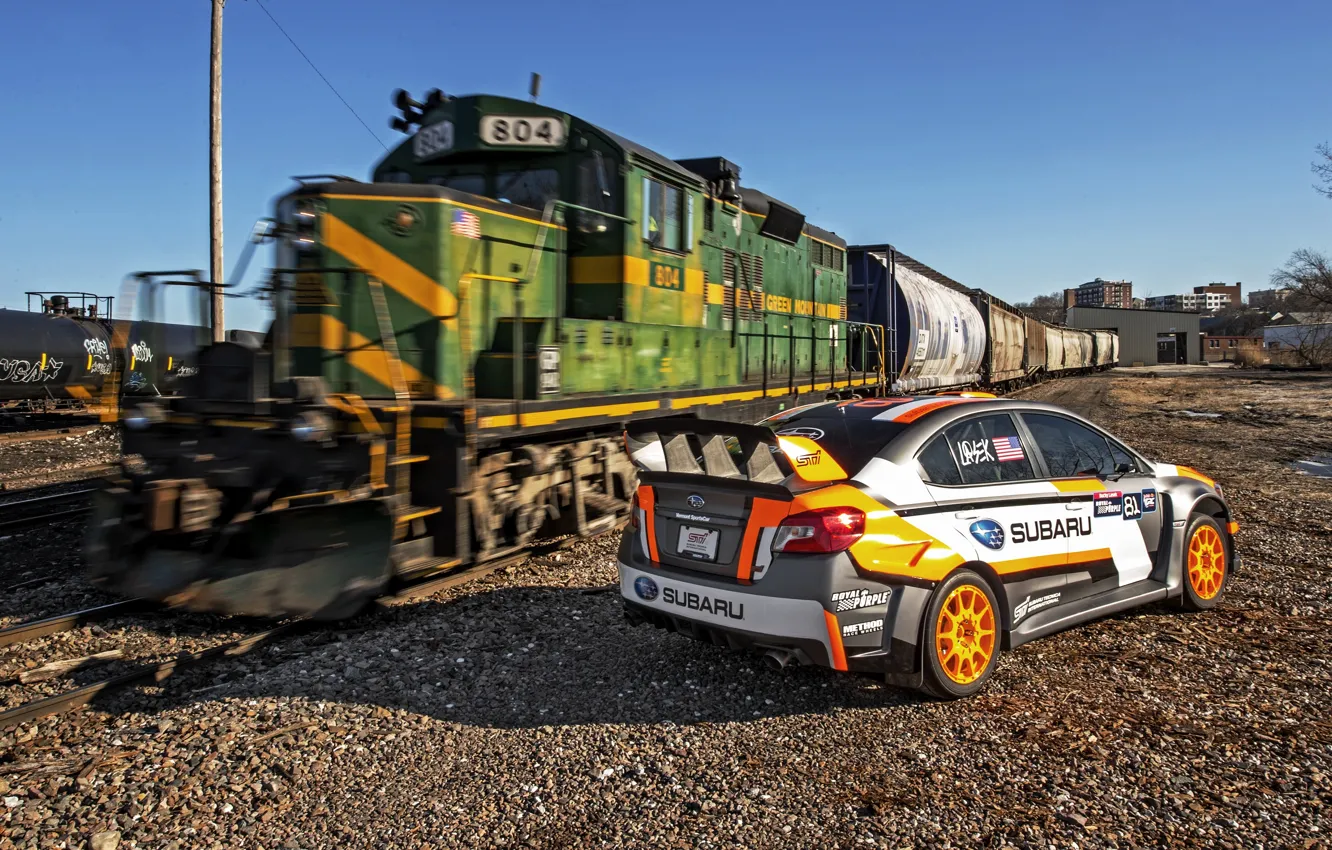 Фото обои поезд, Subaru, железная дорога, WRX, STI, субару, Rallycross, 2015