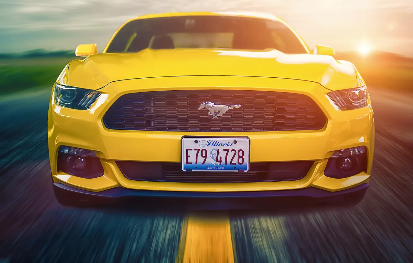 Фото обои Mustang, Ford, Muscle, Car, Front, Sun, Yellow, Road, 2015, Composite