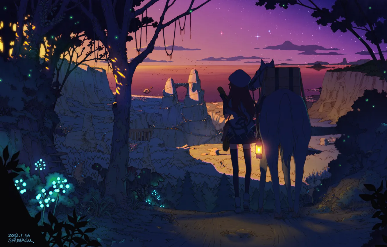 Фото обои лес, небо, девушка, звезды, деревья, закат, природа, город, огни, шапка, лошадь, растения, аниме, арт, Shiwasu …
