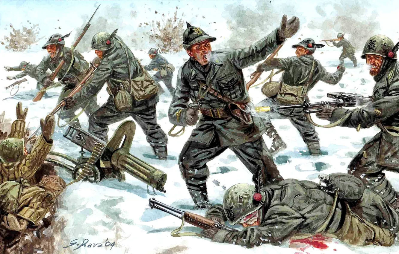 Фото обои зима, снег, оружие, атака, рисунок, бой, арт, солдаты, обмундирование, 1939-1940гг, Советско-финская война
