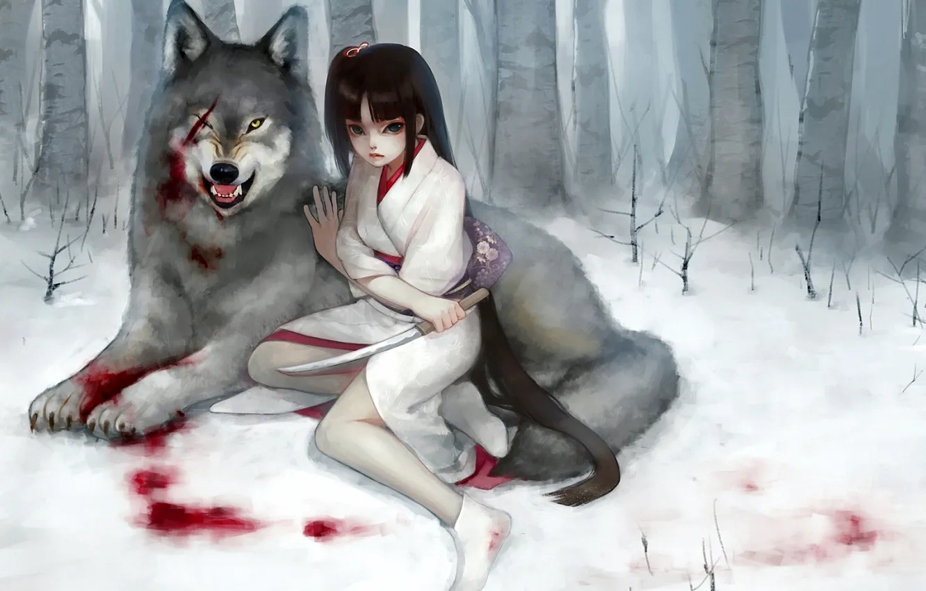 Фото обои лес, девушка, снег, кровь, волк, кинжал, кимоно, шрам, рана, fukawa