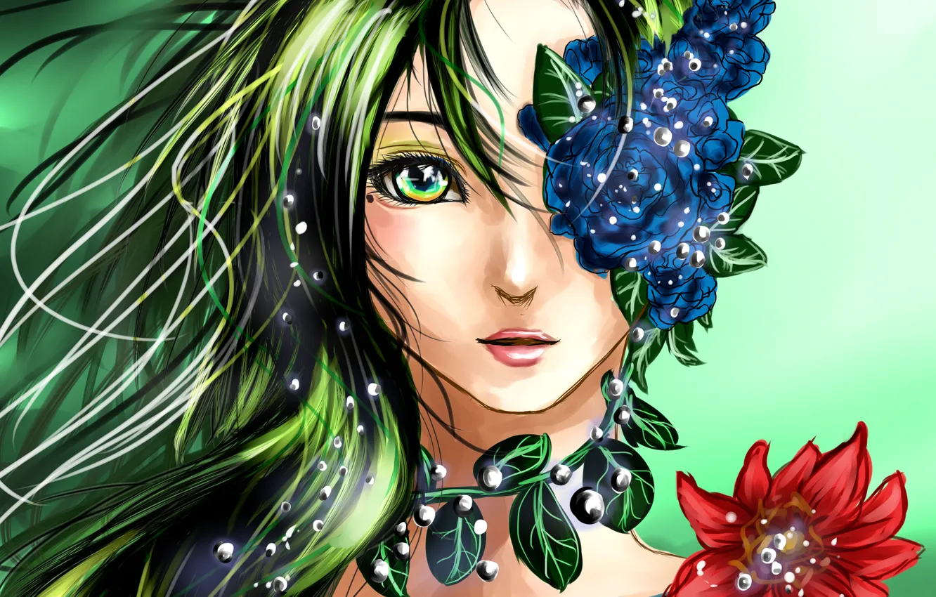 Фото обои глаза, взгляд, листья, девушка, лицо, аниме, арт, волосы. цветы
