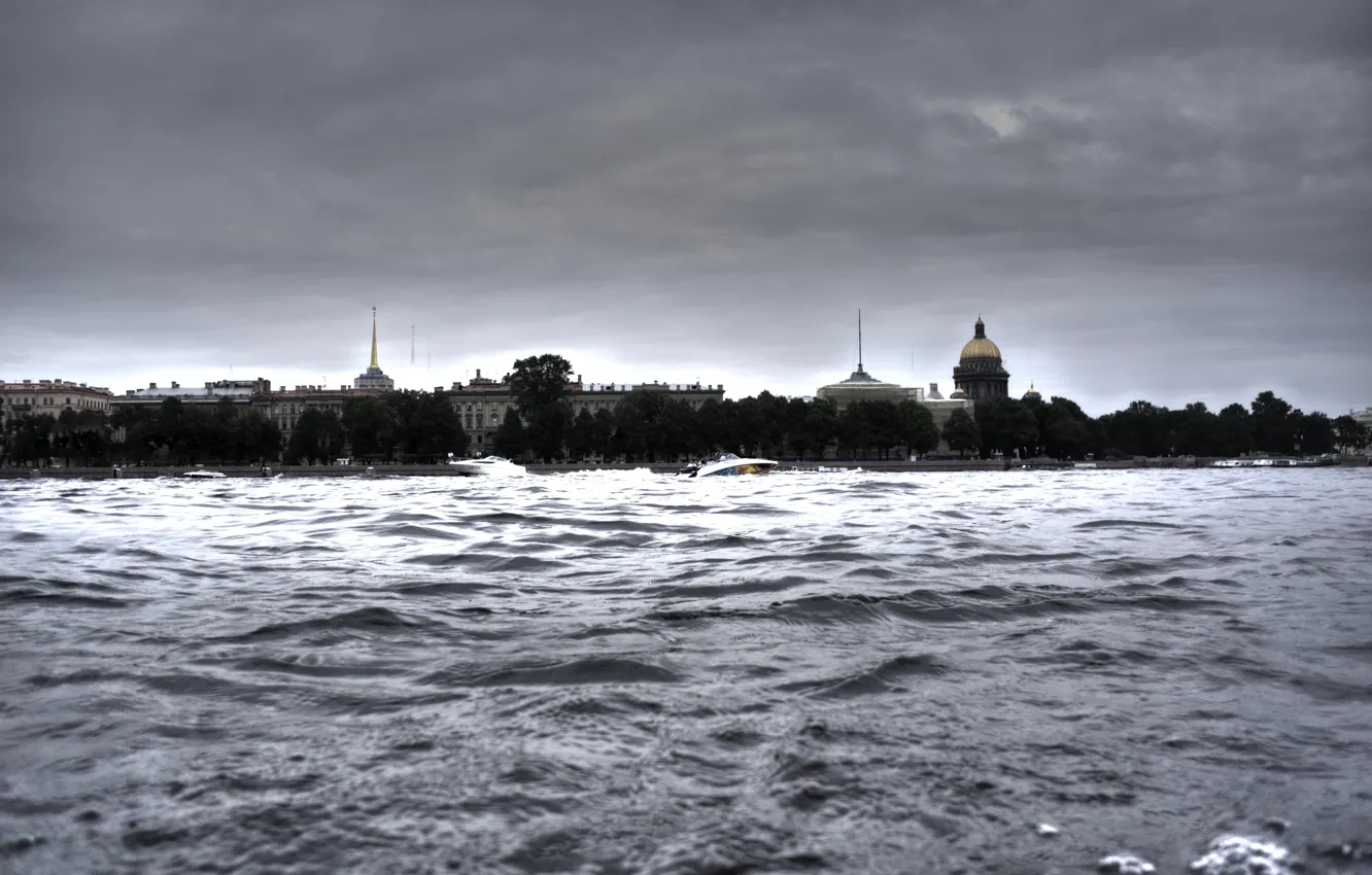 Фото обои волны, вода, река, Санкт-Петербург, собор, Нева, Исаакиевский, HDR. шпили