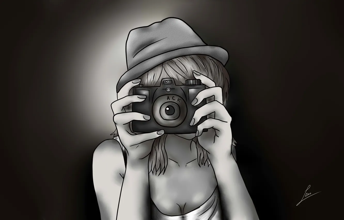 Фото обои девушка, рисунок, шляпа, аниме, руки, фотоаппарат, комиксы