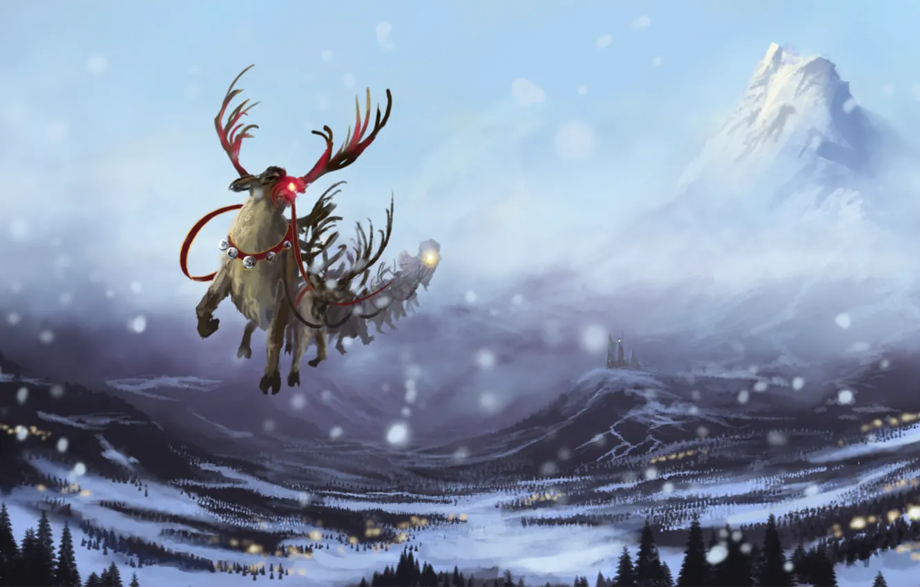 Фото обои зима, снег, полет, горы, замок, новый год, арт, упряжка, олени