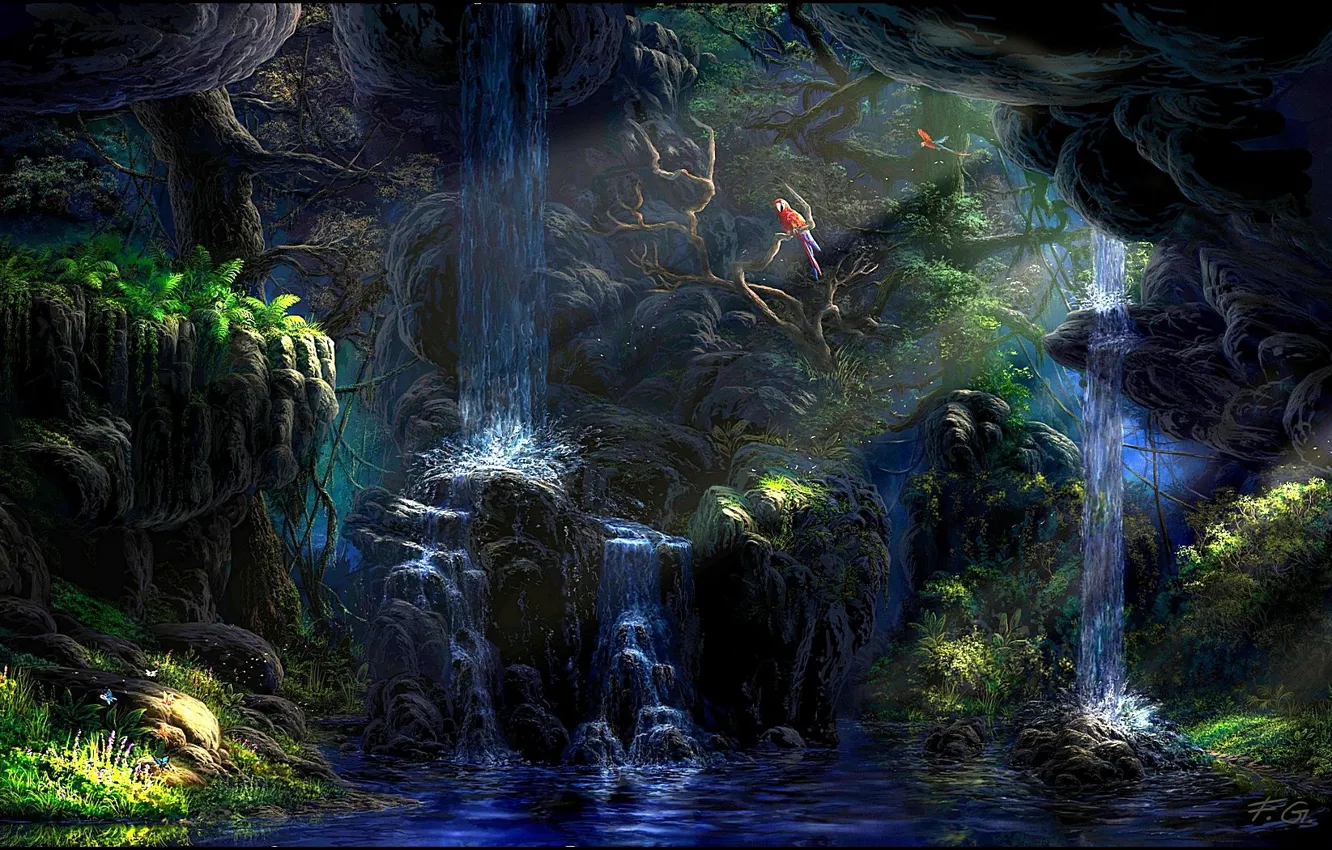 Фото обои лес, вода, лучи, деревья, птицы, водопад, джунгли, Fel-X