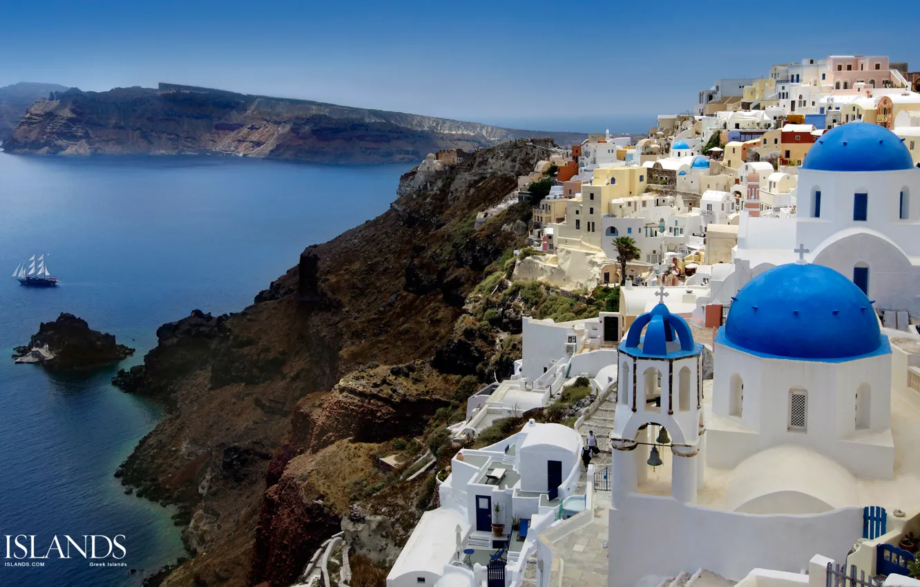 Фото обои city, lights, evening, buildings, homes, Santorini, Oia, Greece, dome, church, Aegean Sea