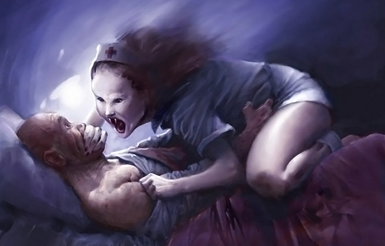 Фото обои сон, мужик, Рисунок, постель, ведьма, медсестра, кошмар