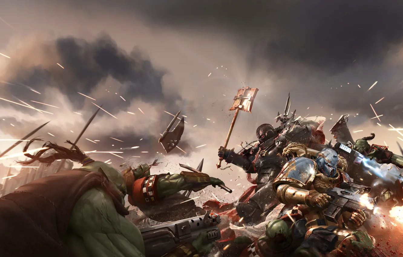 Фото обои война, бой, битва, орк, art, space marine, Вархаммер, Warhammer 4...