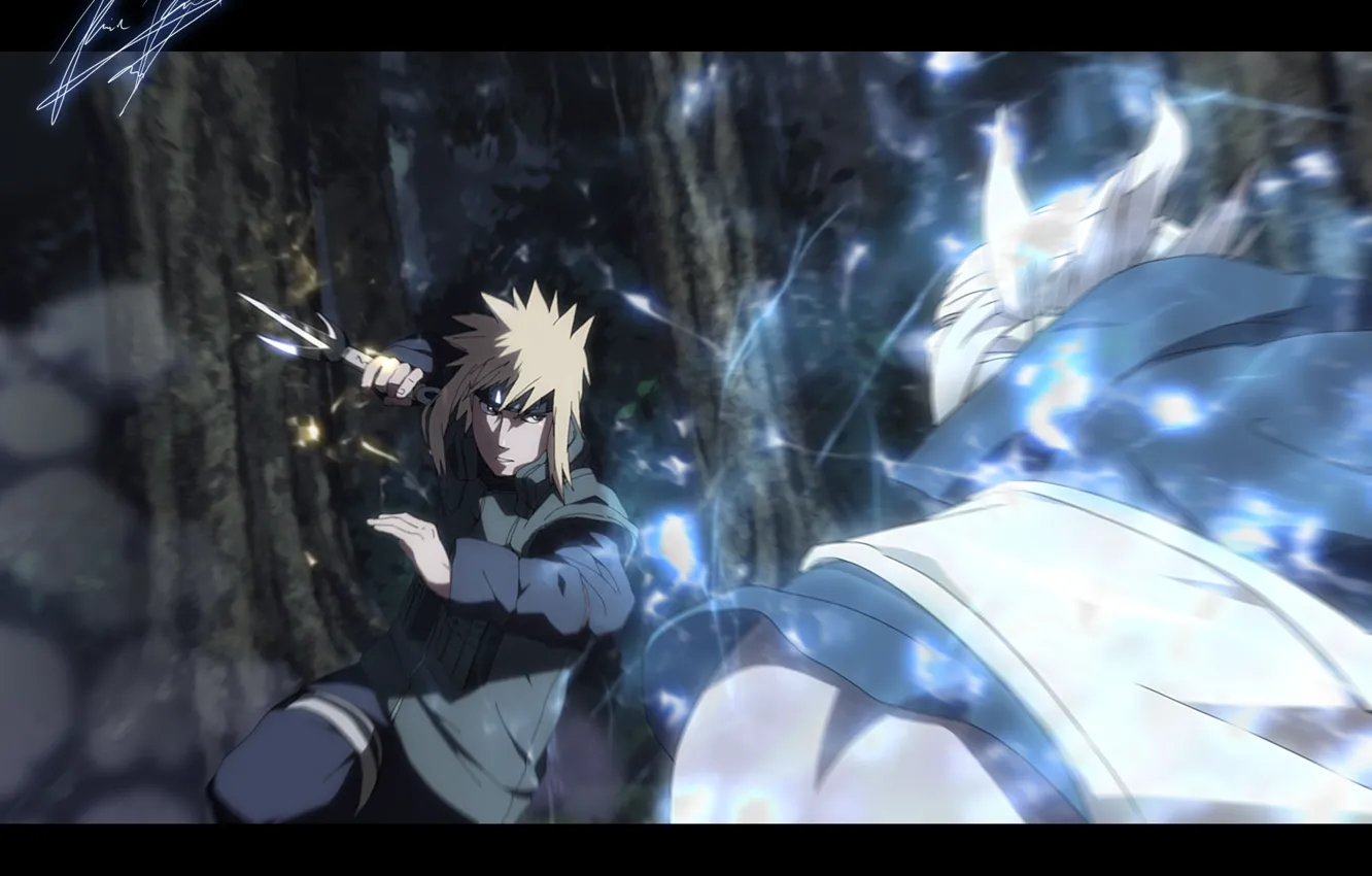 Фото обои молния, арт, кунай, Naruto Shippuden, Минато против Райкаге. 