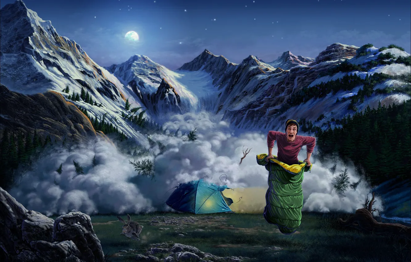 Фото обои горы, заяц, арт, палатка, парень, лавина, спальный мешок