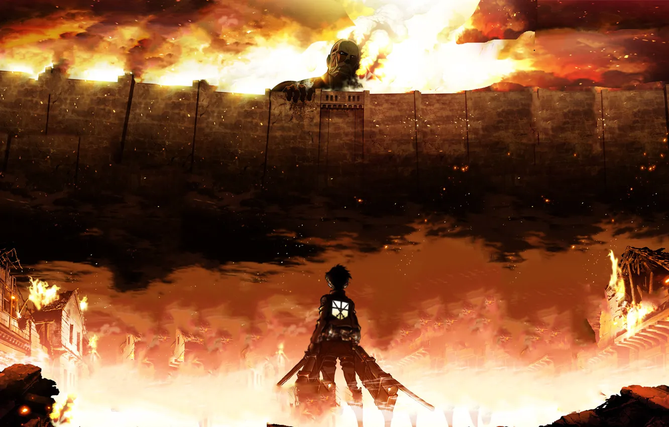 Фото обои город, стена, огонь, anime, art, shingeki no kyojin, eren jaeger, вторжение гигантов, Attack On Titan